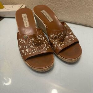 Brighton Brown Leather Cut Out Slides Canvas Wedge